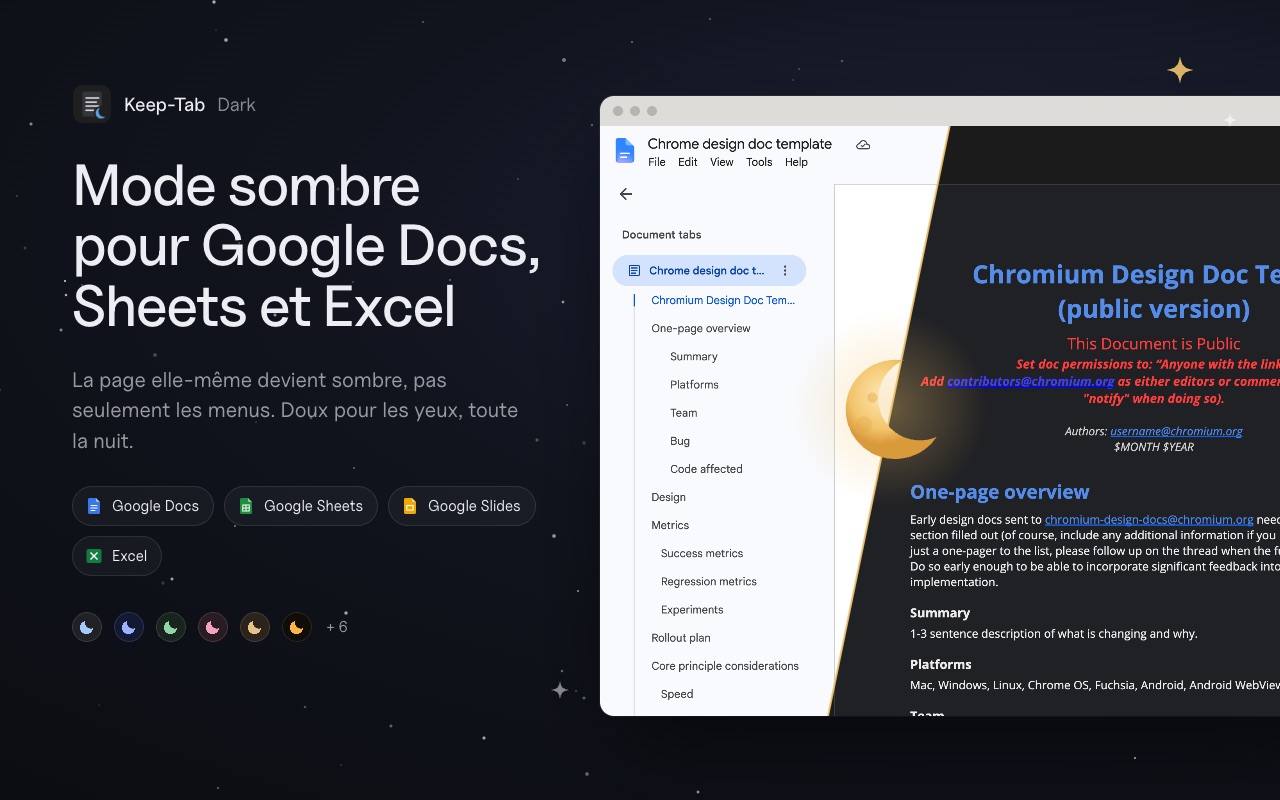 Un Google Doc à moitié clair, à moitié avec Keep-Tab Dark