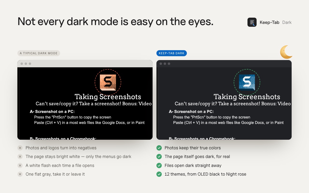 A typical dark mode turns photos into negatives; Keep-Tab Dark keeps their true colors