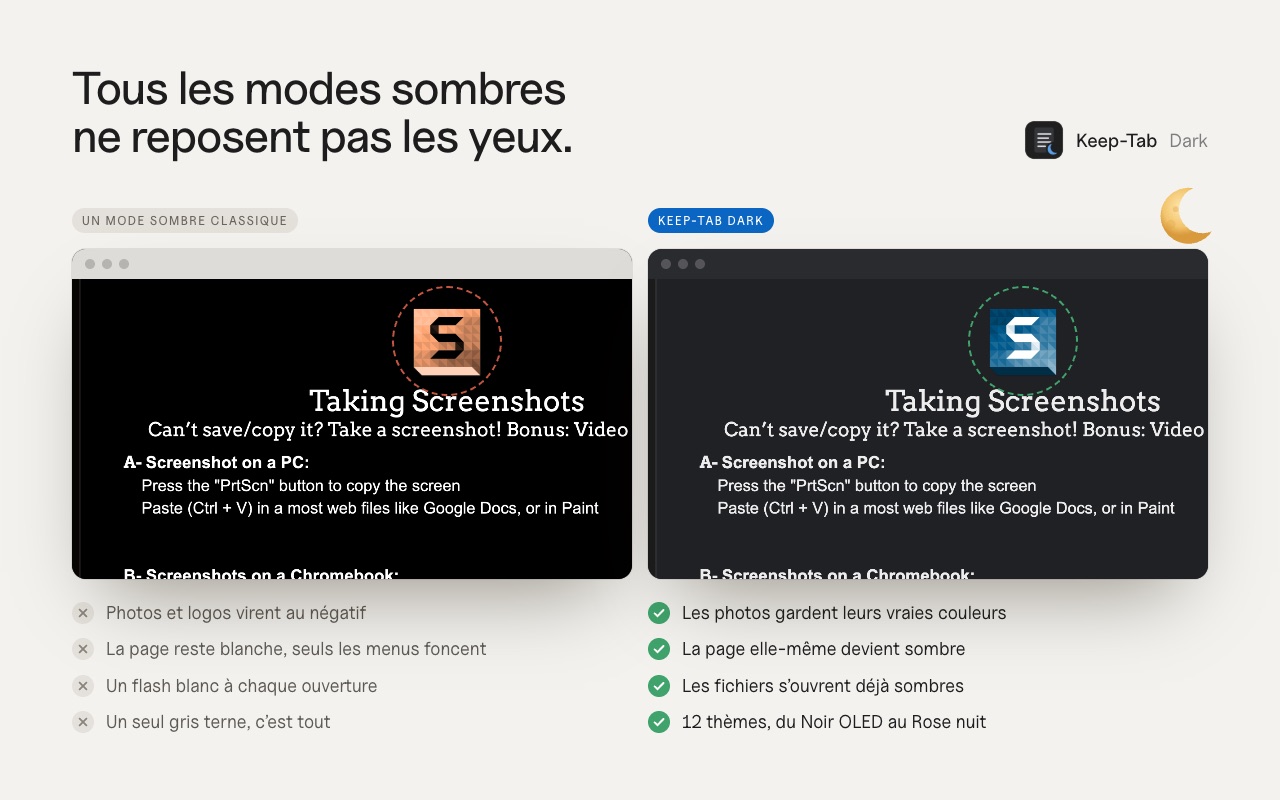 Un mode sombre classique met les photos en négatif ; Keep-Tab Dark garde leurs vraies couleurs