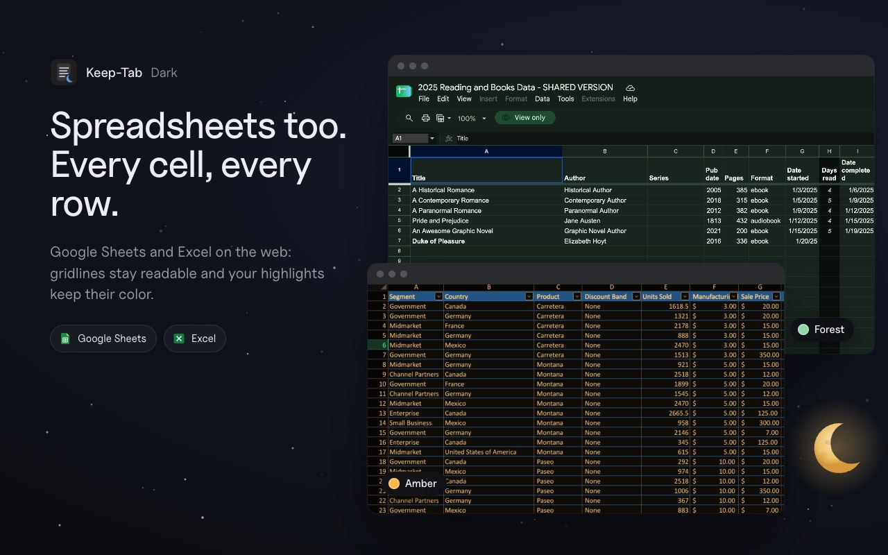 Google Sheets in dark mode with readable gridlines and colored cells