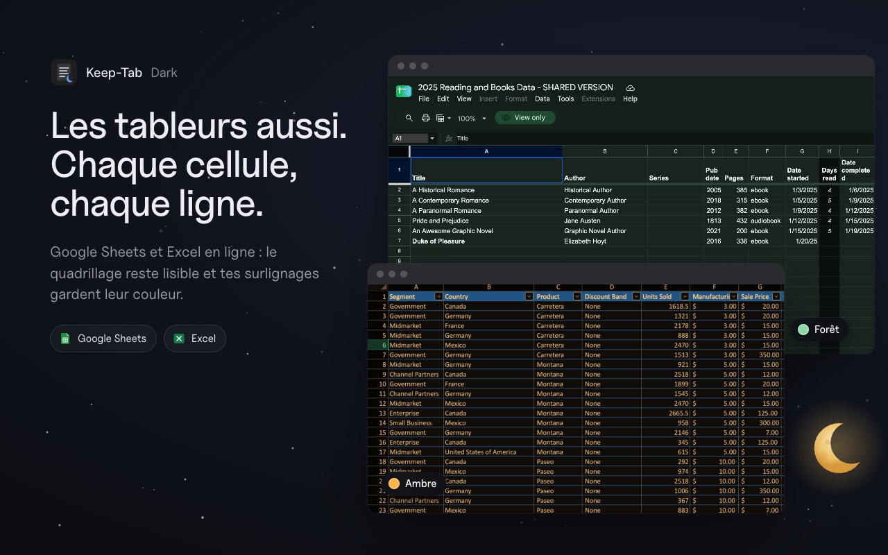 Google Sheets en mode sombre, quadrillage lisible et cellules colorées